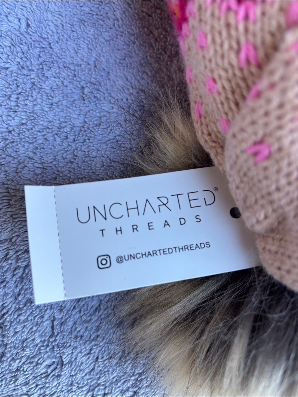 Pom Pom Knit Beanie - Pink Multicolor with Beige Cuff - Picture 2 of 7